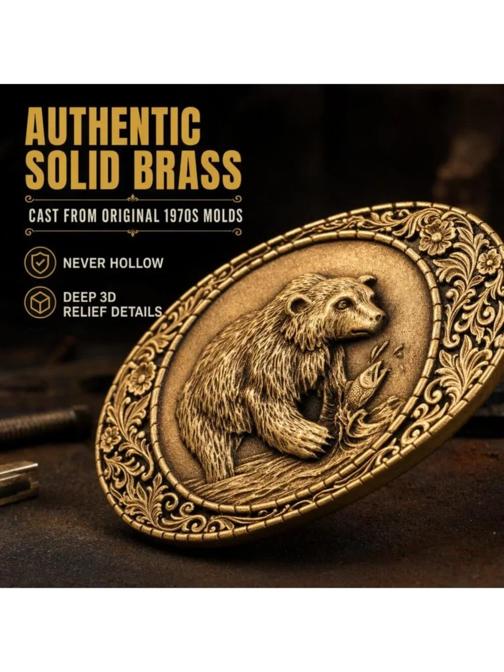 Solid Brass Grizzly Bear Belt Buckle - Heirloom Accessory for Outdoor Lovers